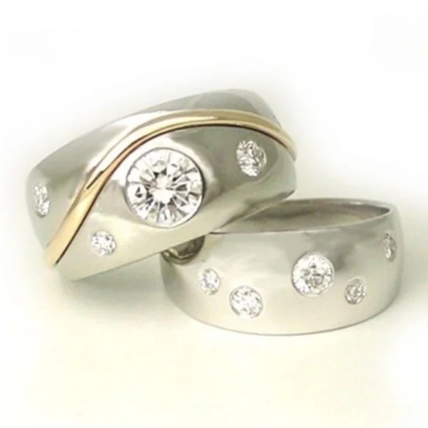 Elegantes Damenring-Set mit eingelegten weißen Zirkonia-Steinen, trendiges zweifarbiges Geometrie-Design, für den täglichen Gebrauch, Partyschmuck, Jubiläumsgeschenk
