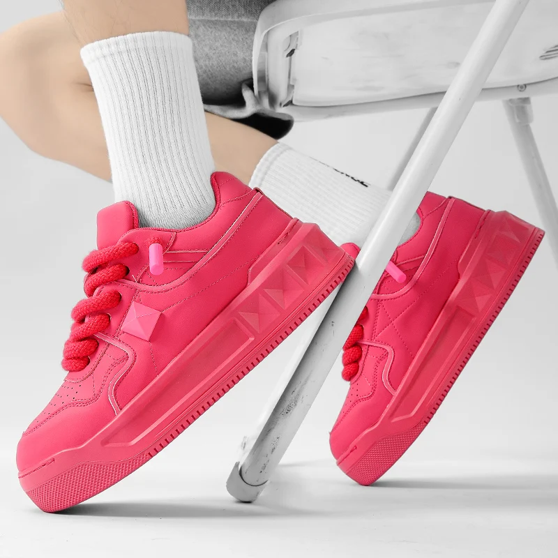 Fashion Pink Thick Sole Sneakers Men Designer Lace-up Skateboard Shoes Man Comfort Leather Skate Sneakers Men Platform Footwear