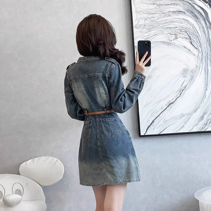 Frauen Hemd kragen Denim Kleider Frühling Herbst 2026 Neue Koreanische Dünne Lange Hülse Weibliche Vintage Blau Cowboy Kleid Vestidos