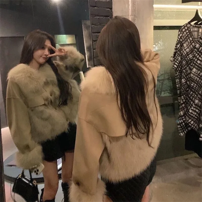 Mulheres coreanas mangas compridas de pelúcia outwear inverno moda feminina curto casaco de pele de vison 2025 senhoras retalhos solto jaqueta de pele do falso