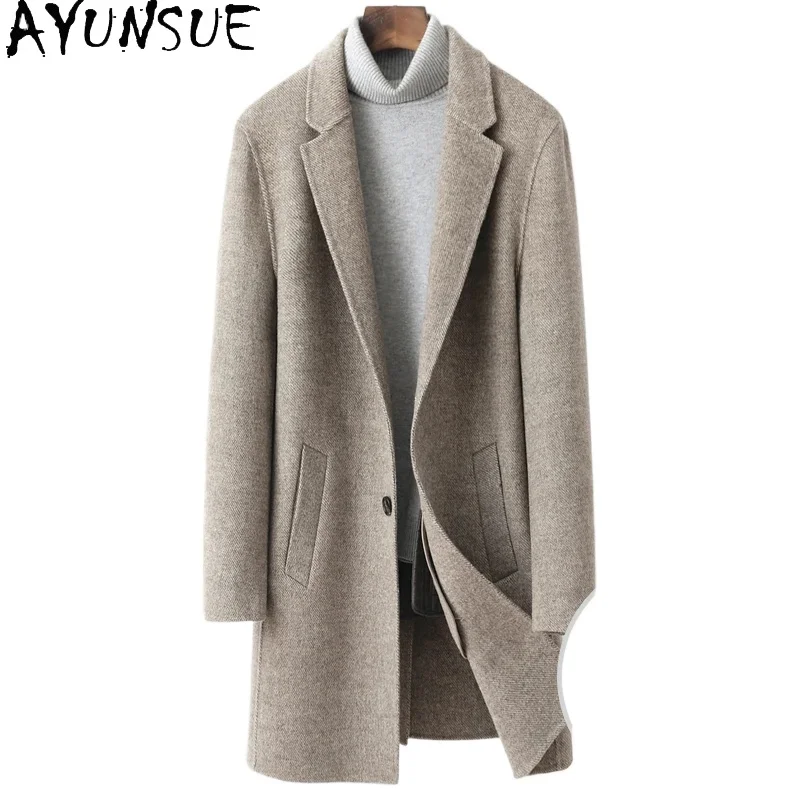 

AYUNSUE Winter 100% Wool Double-sided Coat Man Medium Woolen Jacket Casual Thickened Mulberry Silk Liner Trench Coat for Men