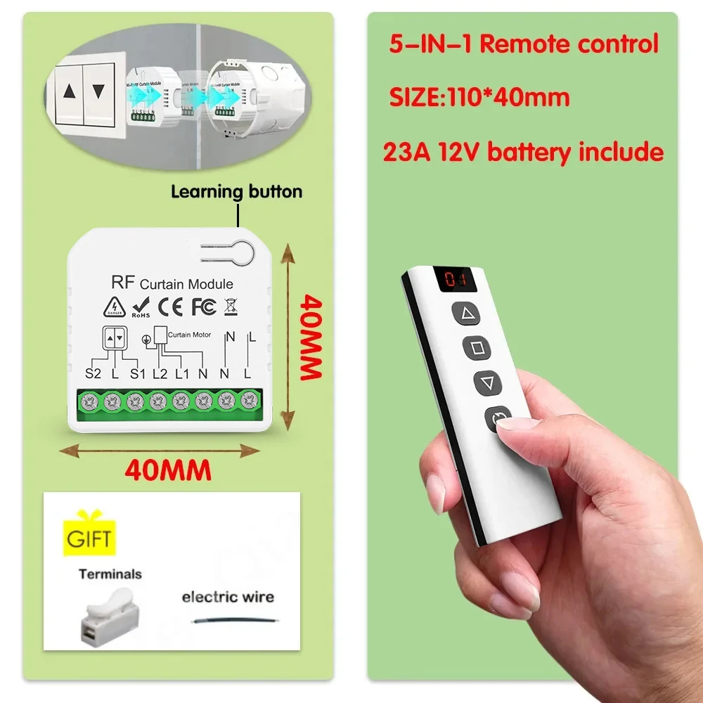 433MHZ RF Wireless Curtain Garage Door Module Remote Control Roller Shutter Switch,for Curtain Garage Door,Smart Blinds