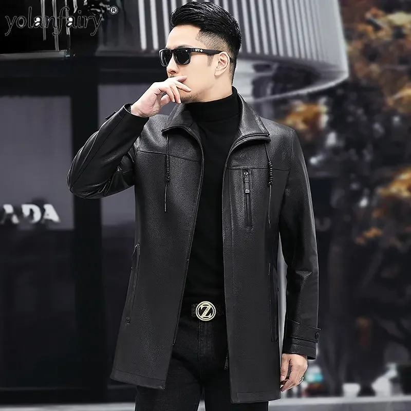 Genuine Leather Coat Men's Clothes Male Natural Cowhide Leather Jacket New Slim Casual Medium Long Lapel Leather Trench Coat FCY