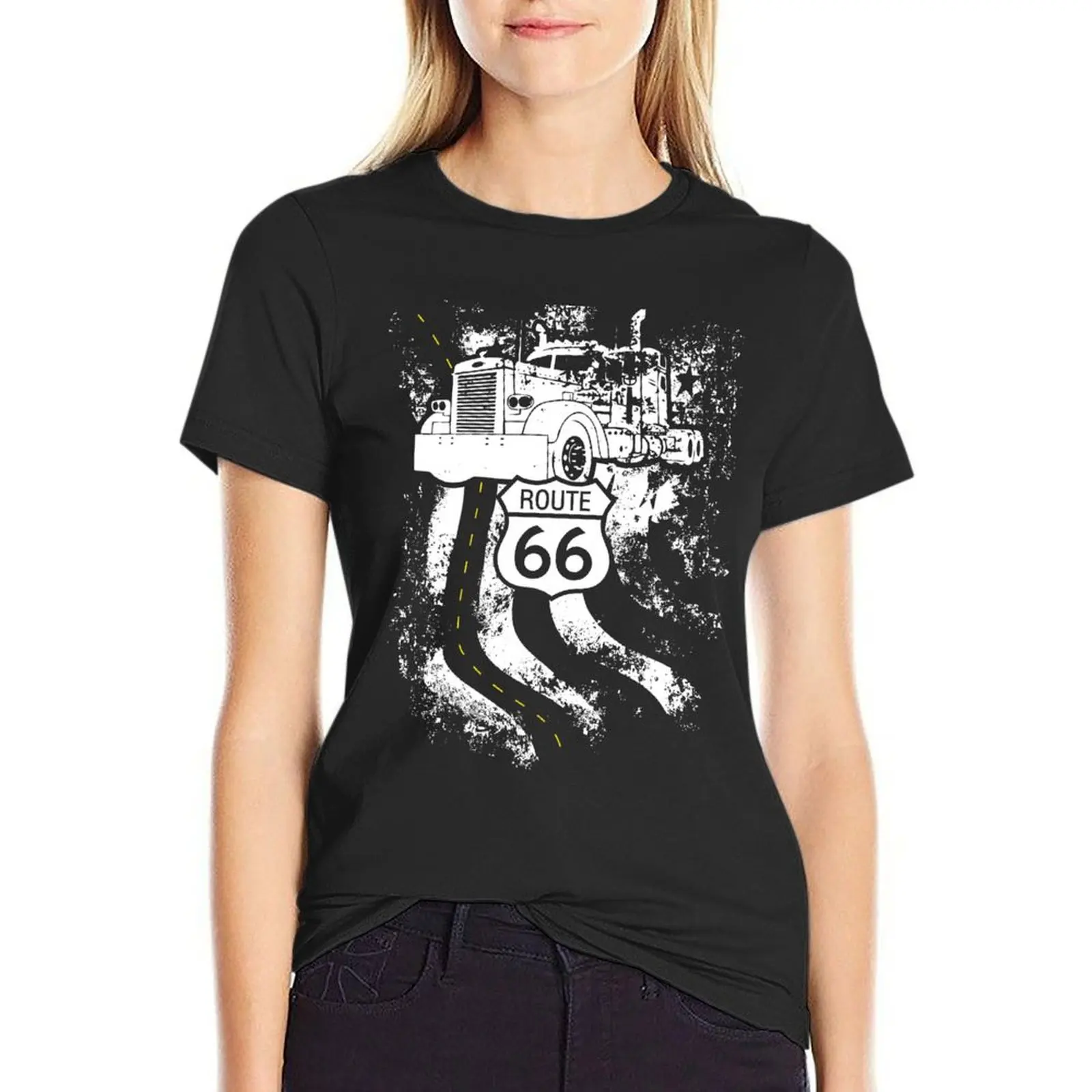 Route 66 Big Rig Truck US Flag T-Shirt Short sleeve tee plus size tops tops funny t-shirts for Women loose fit