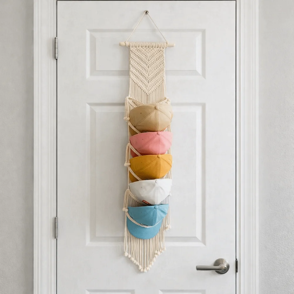 

Handwoven Macrame Hat Rack Bohemian Style with Tassel Baseball Cap Organizer Wall-Mounted Wall Hanging Cap Holder Wall Mounted