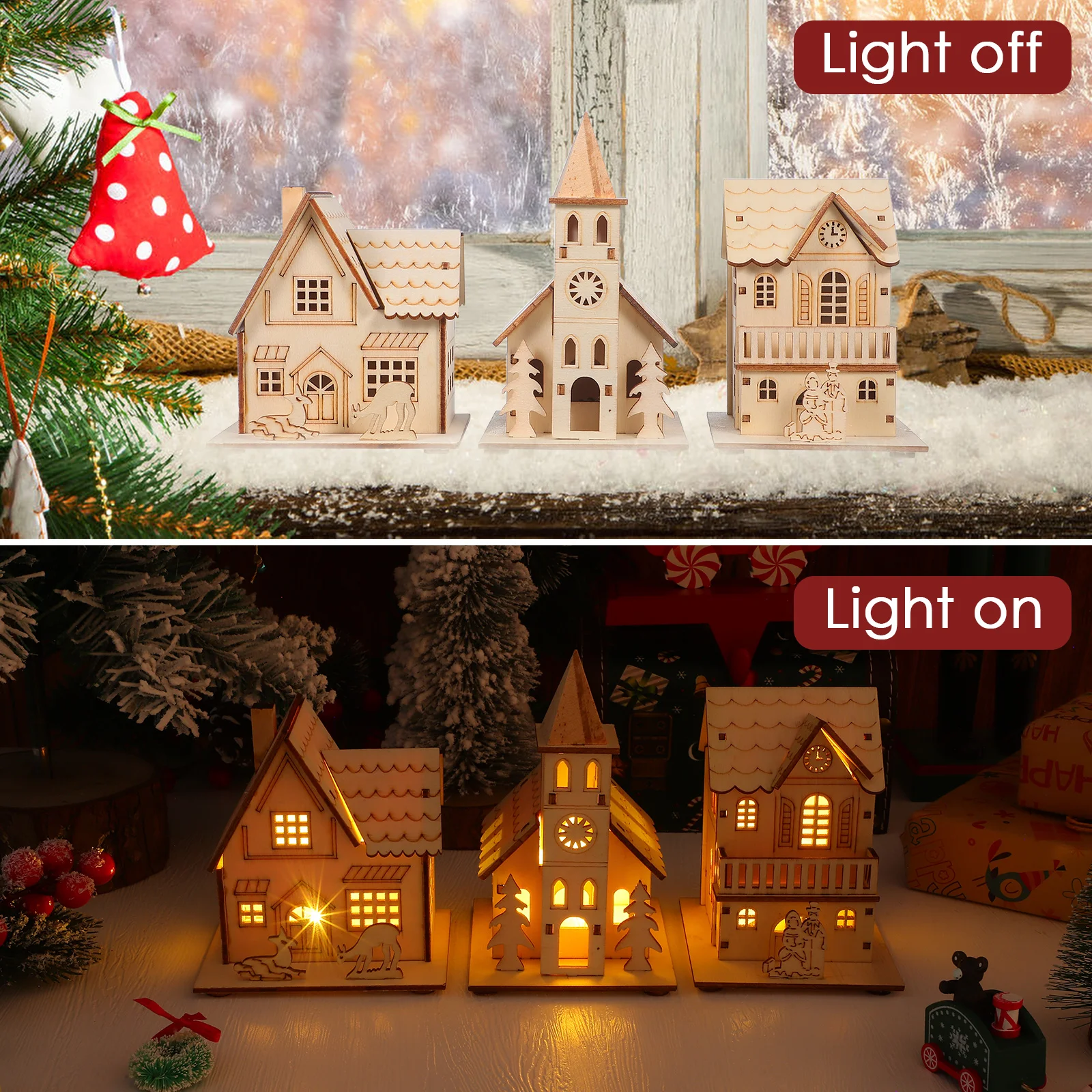 

3pcs Christmas House Craft LED Wooden Mini House Unfinished Christmas Village House Table Centerpieces Xmas Micro Landscape deco