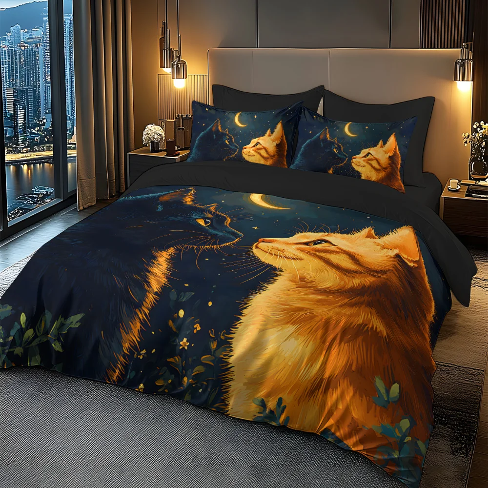 Dreamy Cat Silhouette Full Polyester Fleece Duvet Cover Set Digital Print Bedding Theme with Soft Touch for Comfortable Sleep