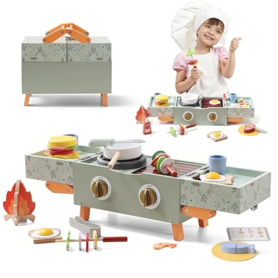 

Wooden Grill Playset for outdoor pretend play, natural wood material, light brown color, eco-friendly and smooth-finish design