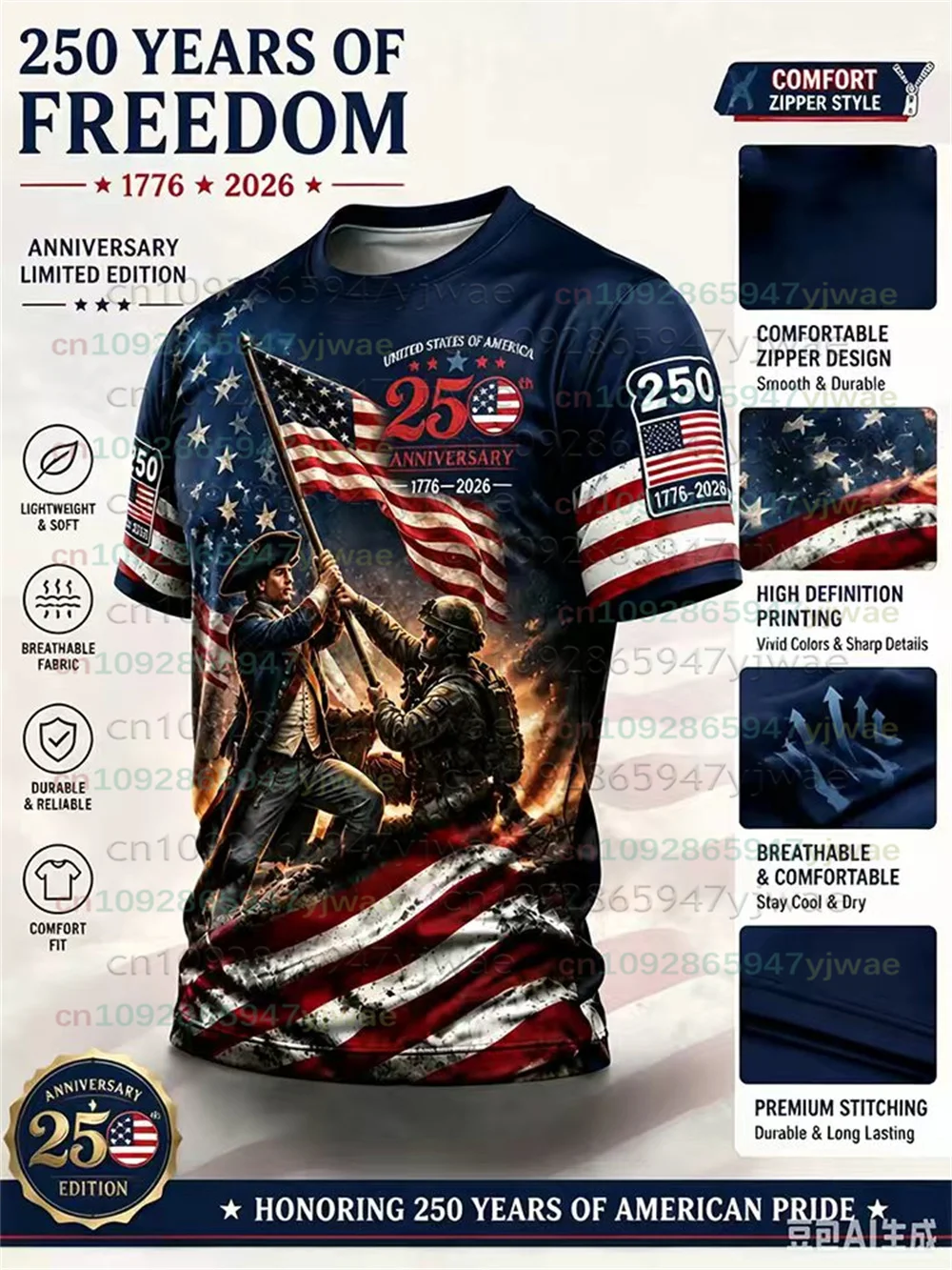 Hot Men's/Children's 250th Anniversary American Anti Independence War Eagle T-shirt Retro National Flag Design Printed T-shirt