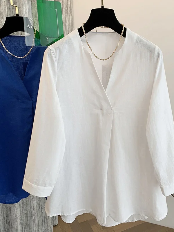 قميص نسائي فضفاض بأكمام طويلة من الكتان باللون الأزرق الفاتح، قميص ربيعي برقبة على شكل V، قميص مريح للحماية من الشمس، قميص قط... #1