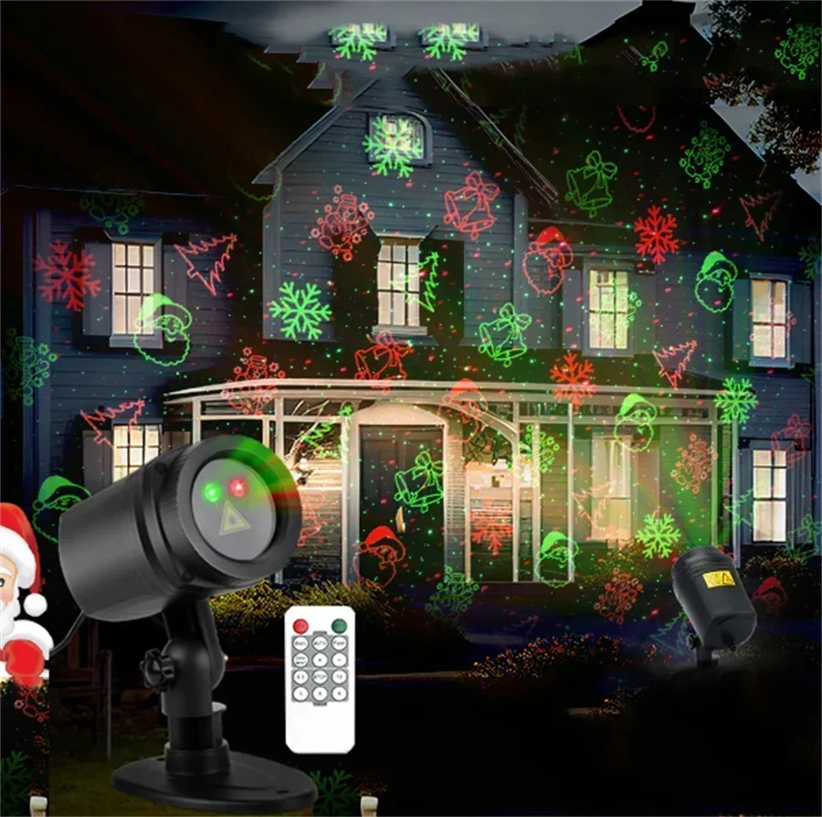 12-patronen Kerstlaserlichten Landschap Laserprojector Spotlight Rood Groen Sterrenshow voor buitentuin Patio Wanddecoratie