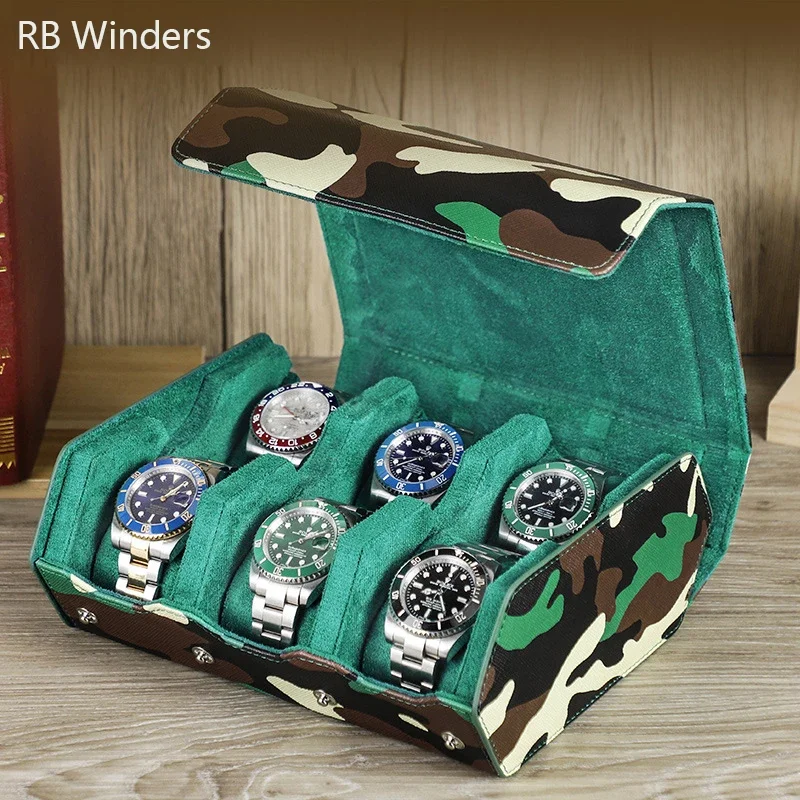 Head Layer Cowhide Camouflage Handmade Watch Storage Case Travel Portable 6 Slots Genuine Leather Watchs Box Customizable Logo