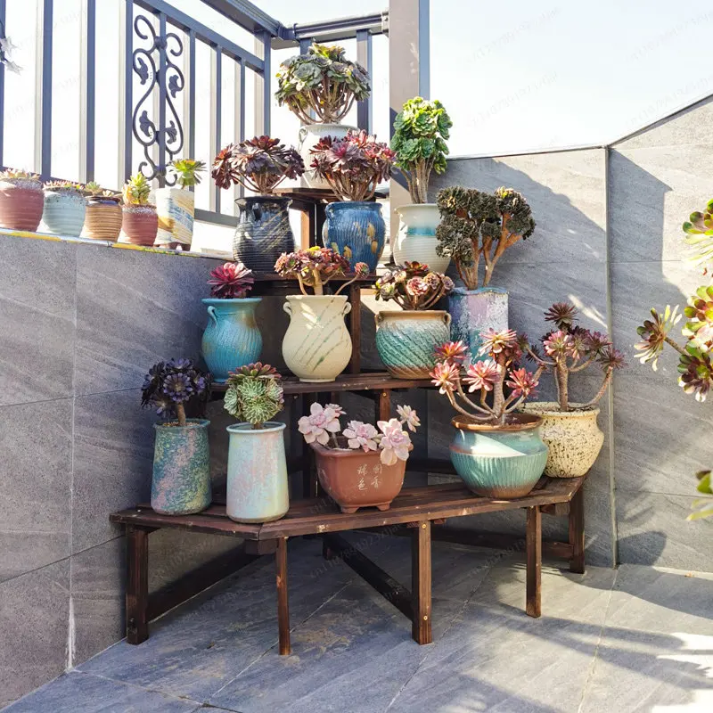 Corner outdoor stepped stand balcony corner solid wood succulent flower pot stand preservative wood triangular
