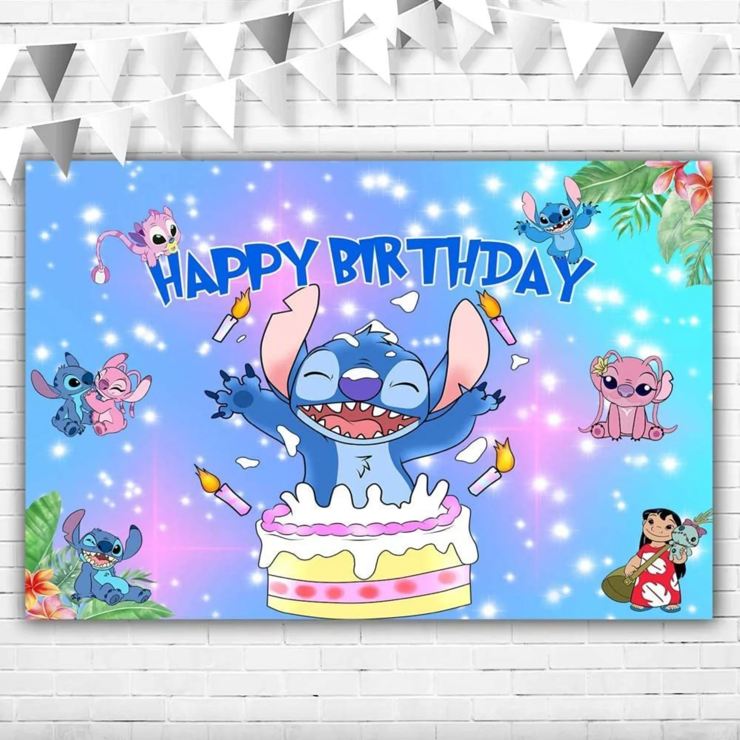 Anime Stitch Lilo Party Backdrops Children\'s Happy Birthday Background Cartoon Hanging Banner Kid Room Ornament Wall Decoration