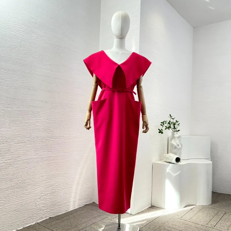 Rose Red V Neck Sleeveless Midi Dress Chic and Elegant Woman for 2024 New Arrivals Summer Holiday Dresses