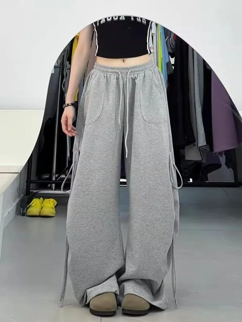 

2025 Jazz Dance Grey High Waist Drawstring Pants Summer New Style Chic Wrinkle Design Casual Pants Female Clothing