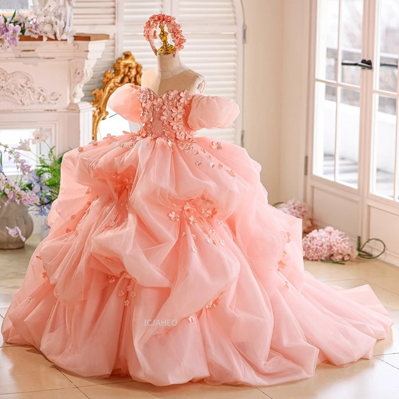 Pink Girls Birthday Princess Dress Puffy Gown with Long Train for Host Piano Performance Fashion Show Pageant Formal Celebration