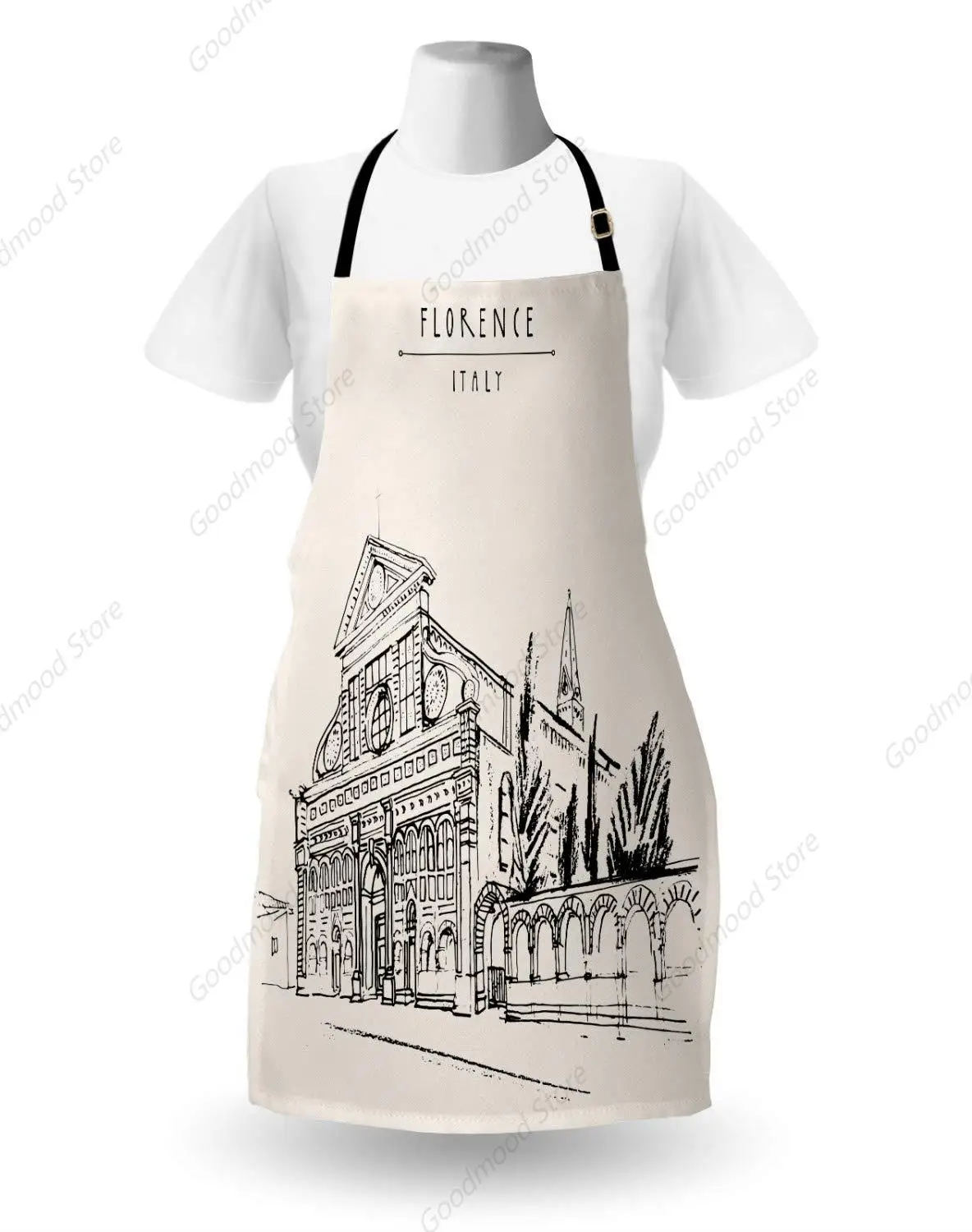 Florence Apron, Monochromatic Santa Maria Building Travel Themed Sketch, Unisex Kitchen Bib with Adjustable Neck for Cooking