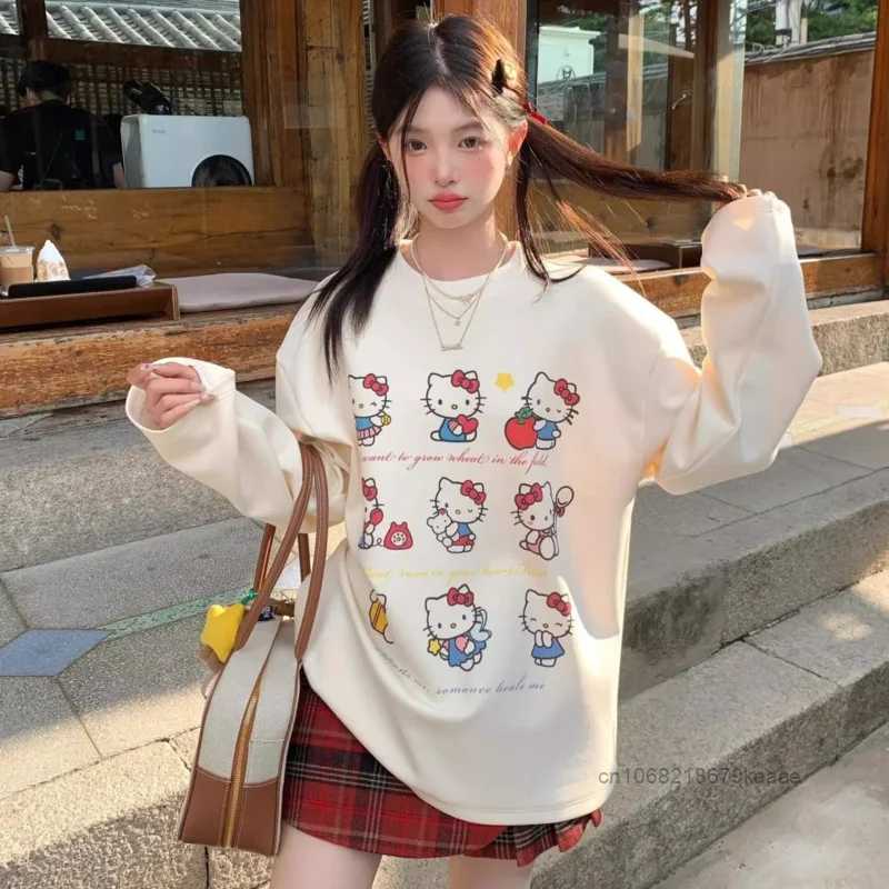 Sanrio Hello Kitty American Style Loose Long Sleeved T-shirt Women New Round Neck Cotton Top Simple Design Casual Versatile Tees