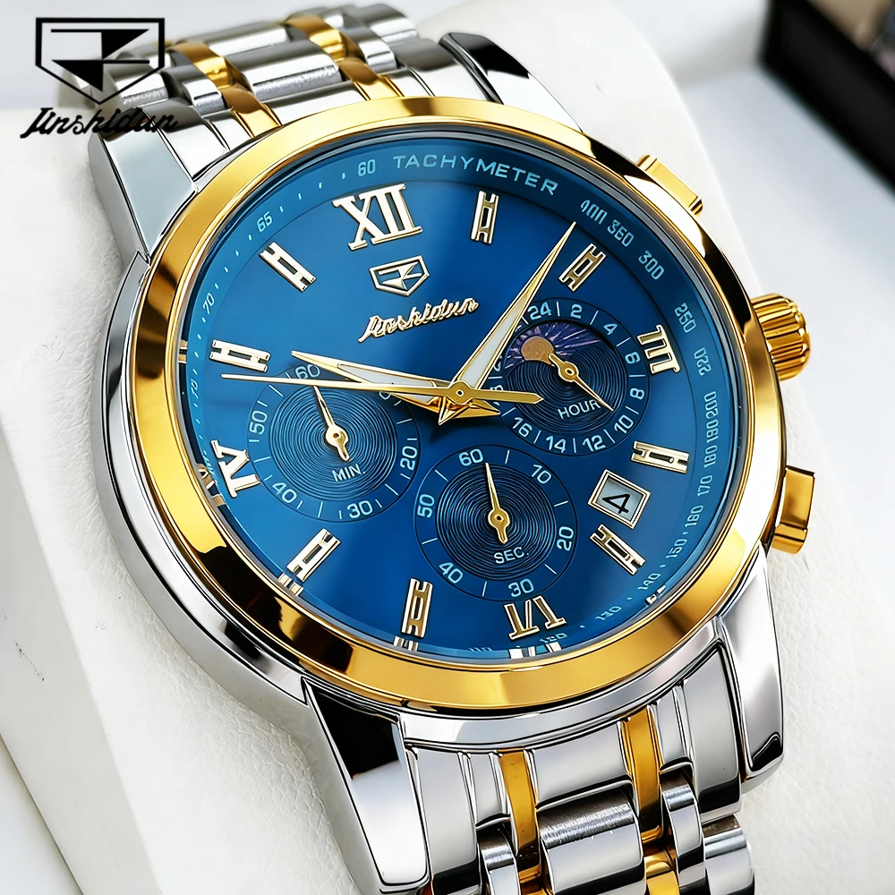 ساعات JSDUN الرجالية الفاخرة المقاومة للماء من الفولاذ الناعم كوارتز أصلية للرجال كرونوغراف لمرحلة القمر المضيئة