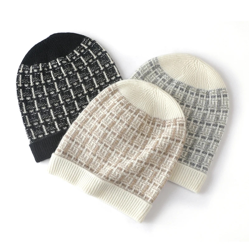 

Winter Hat Women 2023 Luxury Cashmere100% Pure Beanies Knitted Warm Soft Y2K Fashion Bonnet HIP HOP Shiny Color Skullies Cap Men