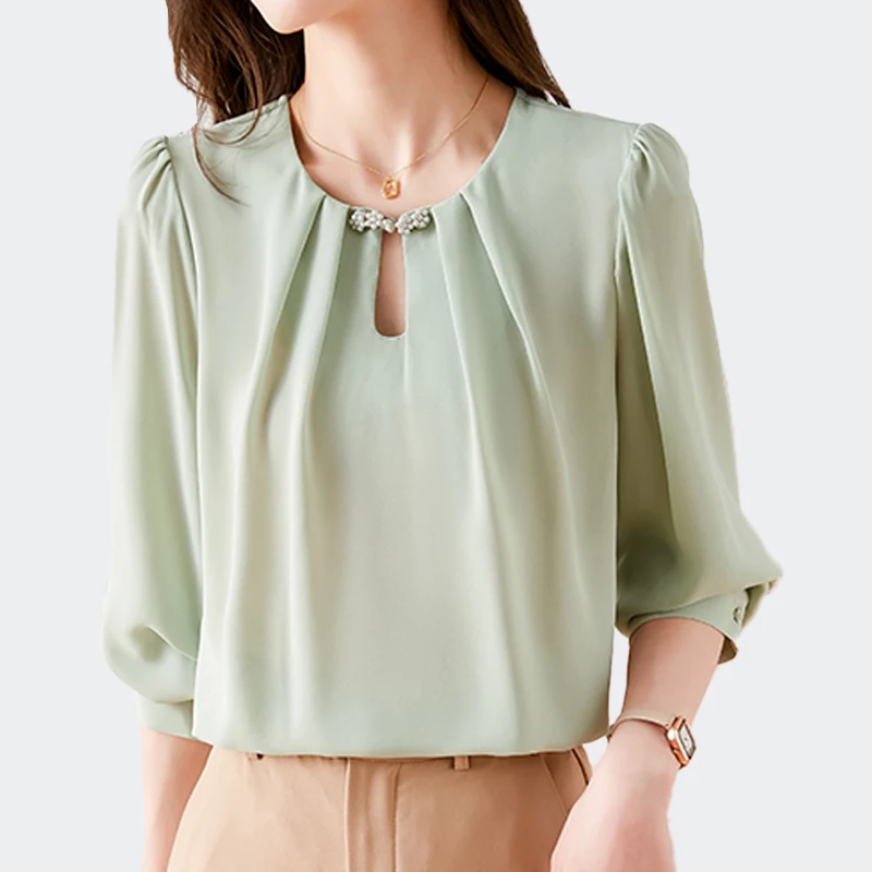 

New Fashion Women's Chiffon Shirts Vintage Beaded Ladies Slim Casual Blouses Long Sleeve Female Basic Tops Solid Formal Clothing