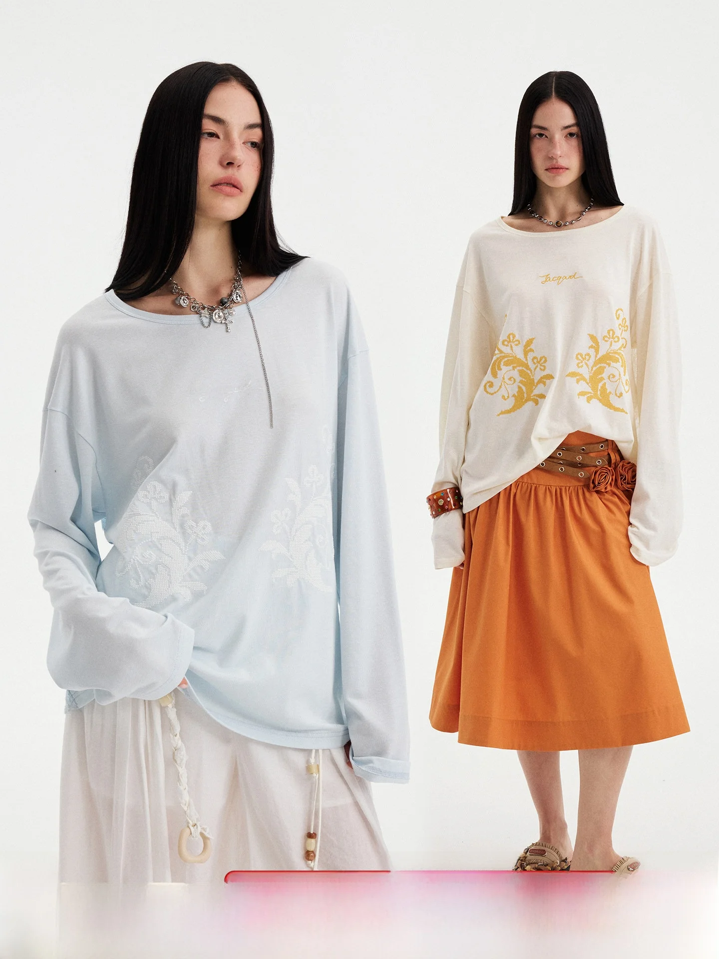 DIDDI MODA Paisley Cross Stitch Lace Patchwork Light Color No Pressure Sensation Vacation Style U Neck Long Sleeve T Shirt Top