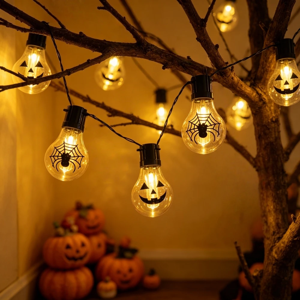1pc 10/20LED Solar Halloween Bulb Fairy Lights, Jack-O-Lantern & Spider Web LED String Lights for Indoor Outdoor Halloween Decor
