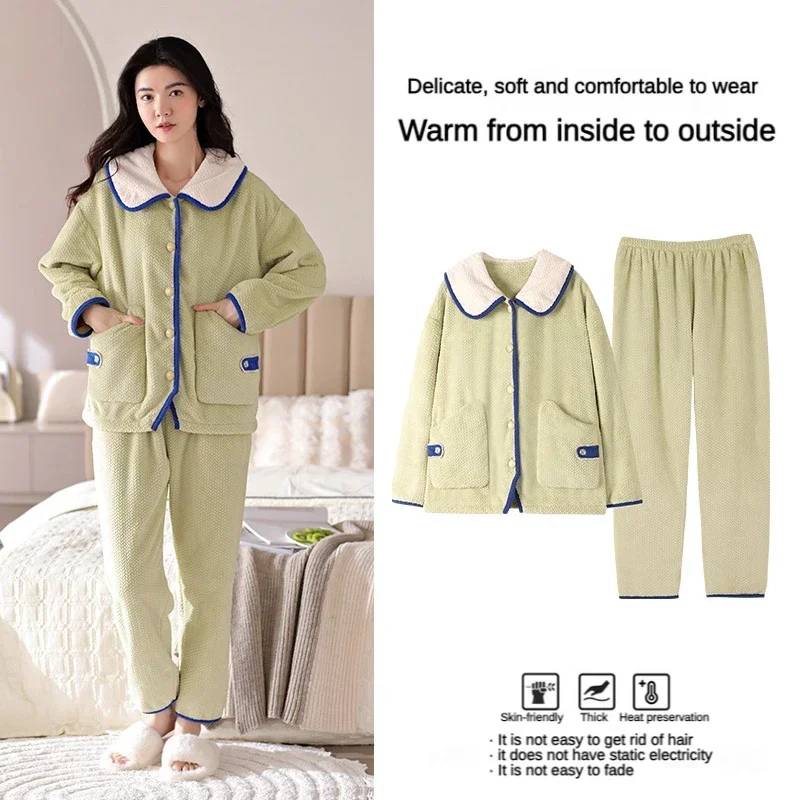 flannel new women's pajamas set can be worn outside the spring and autumn thick models of warm sleepwear elegant homewear suit