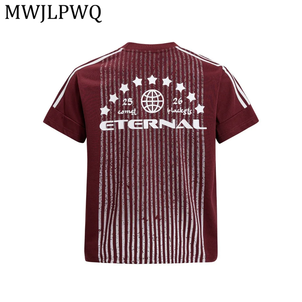 

MWJLPWQ American Retro Vertical Stripe Letter Print T-Shirt Summer Men's Short-Sleeve Loose Casual Round-Neck Tee Trendy 15253