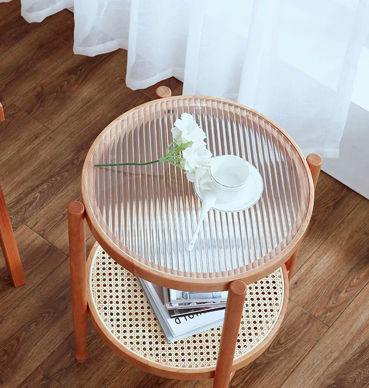 Nordic round glass cherry wood coffee table combination home living room rattan online celebrity creative coffee table simple