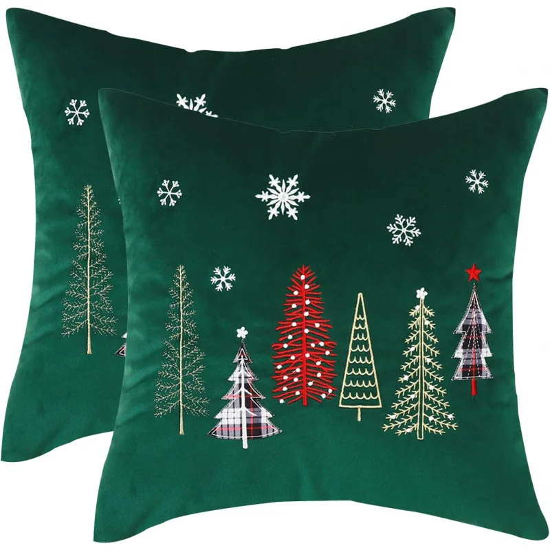 Christmas Embroidered Pillow Cover 18x18 inches 2-piece Pillow Cover Forest Green Soft Square Suitable for Sofa Bed