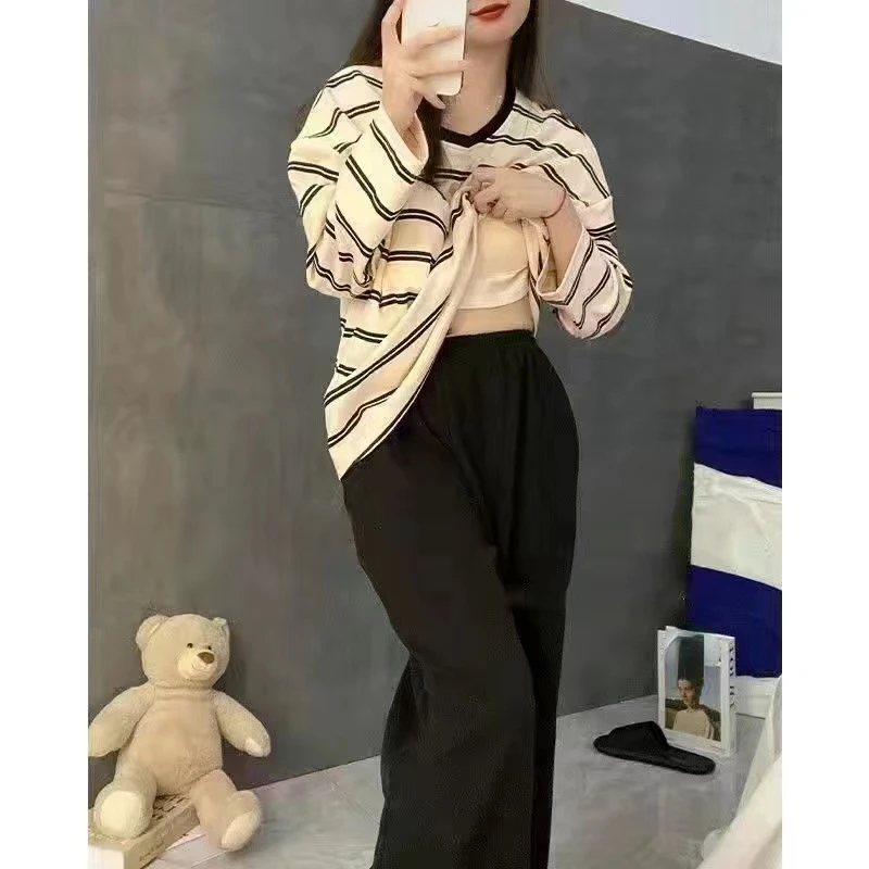 Women\'s Pajamas Set with Chest Pad Stripe Autumn Leisure Elastic Waist Girls Sleepwear Long Sleeve Soft Pijama Homewear Cloth