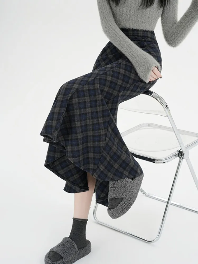 الخريف الشتاء Thiened حك الأزرق ey منقوشة العائمة ألف خط فاي الذيل تنورة المرأة الجديدة Sle ضئيلة الصوفية f طول تنورة