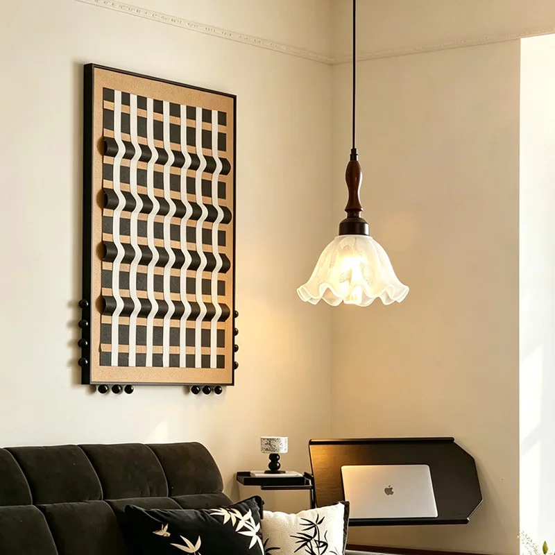 French White Snowflake Pattern Flower Shape Glass LED Pendant Lights Living Room Bedroom Restaurant Kitchen Wooden Hanging Lamps