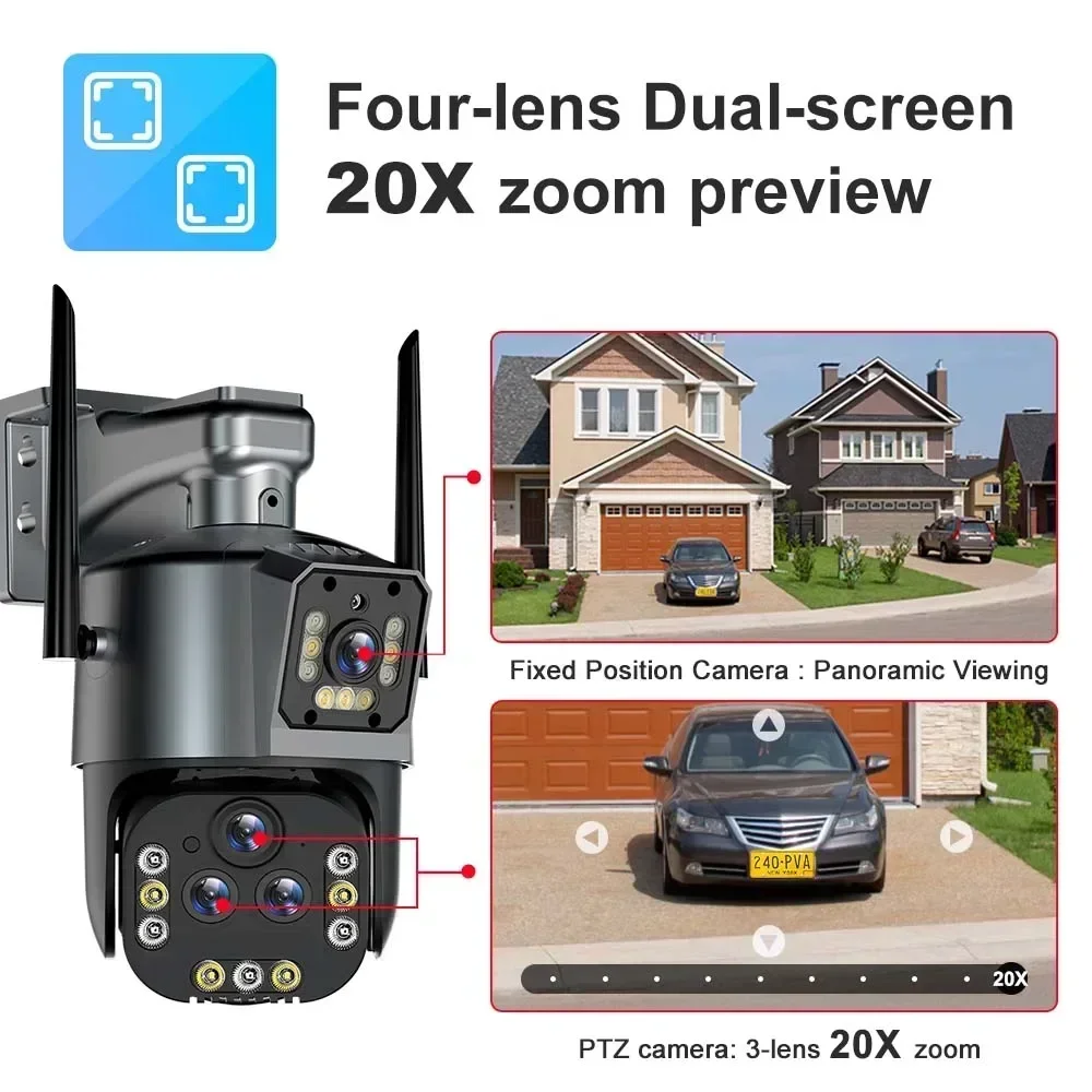 

Smart Home Security Camera Outdoor Wireless Video Surveillance Cameras Four Lens CCTV Cam 16MP WiFi IP Camera 20X Zoom PTZ