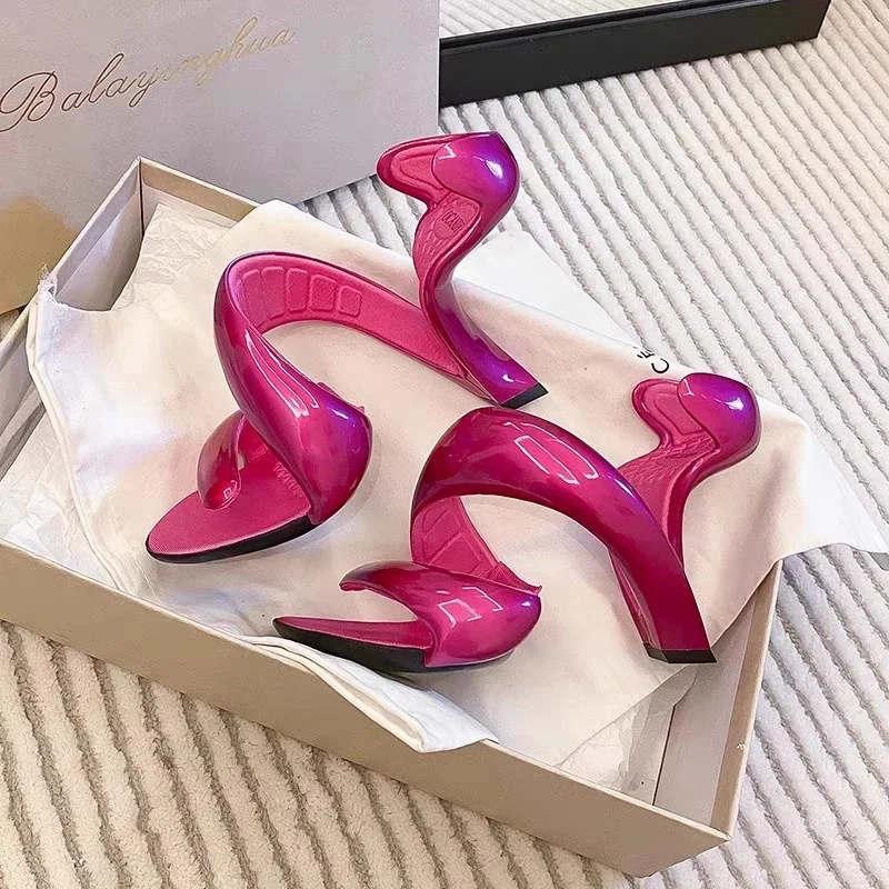 

Serpentine Shaped Fretwork Heels Sandals for Women Rose Red Bottomless High Heels Sexy Nightclub Fashion Snake Wrap Shoes