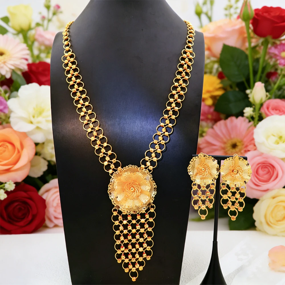 

Long Necklace Gold Color Earring African Set Jewelry Drop Earring Necklace Jewelry Lady Sets Necklace Jewelry Party Wedding Gift