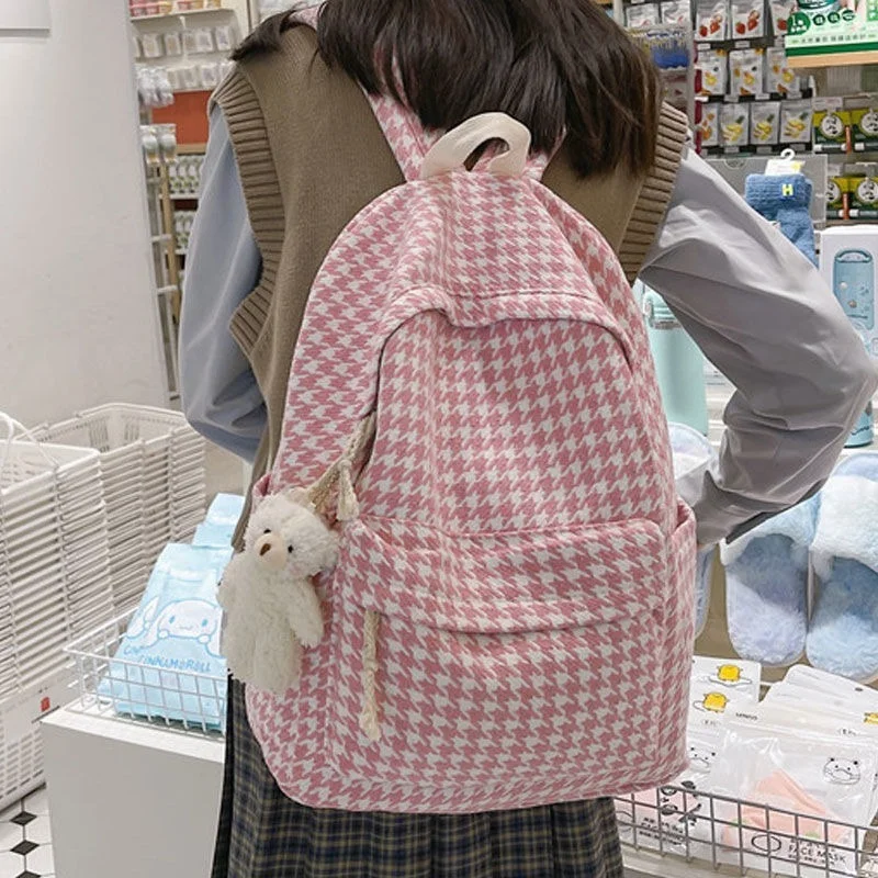 Houndstooth Canvas Backpack Women Student Sweet Large Capacity Korean Harajuku Bag All-match Storage Book Backpacks Preppy Style