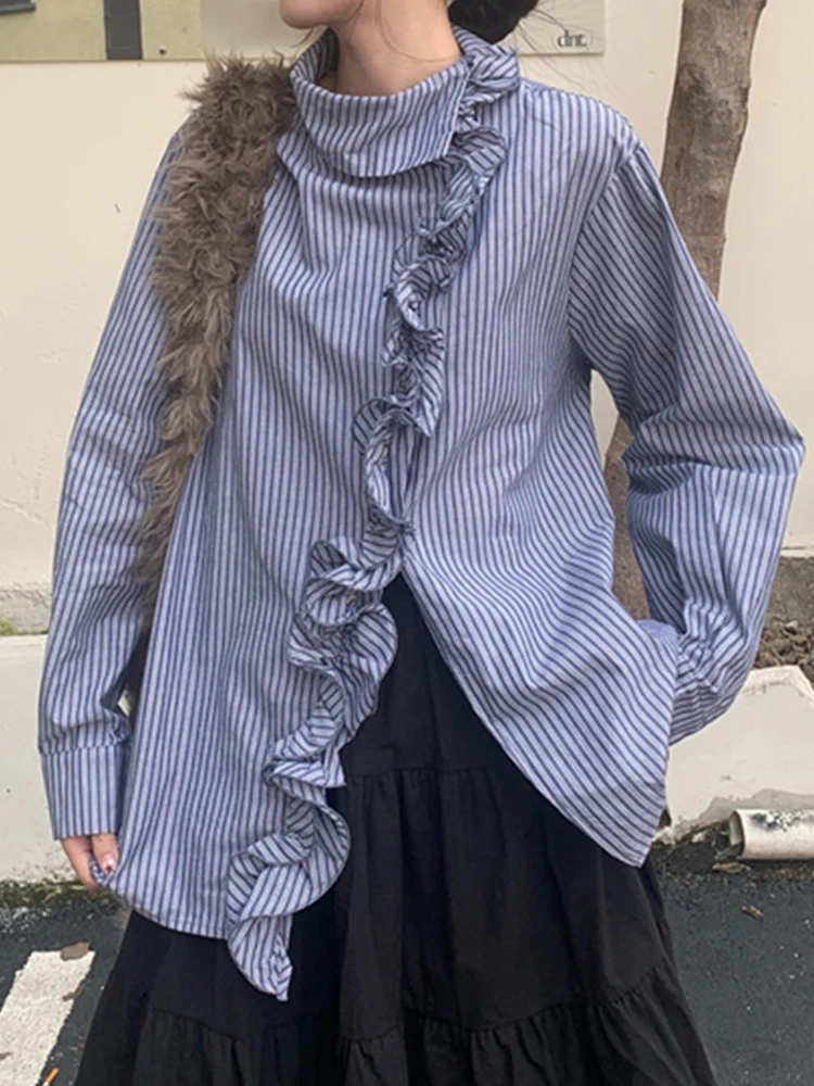 

Женская свободная полосатая рубашка Ele с воротником-стойкой, повседневная, зимняя, новая модная, стройнящая, трендовая, с узором под дерево