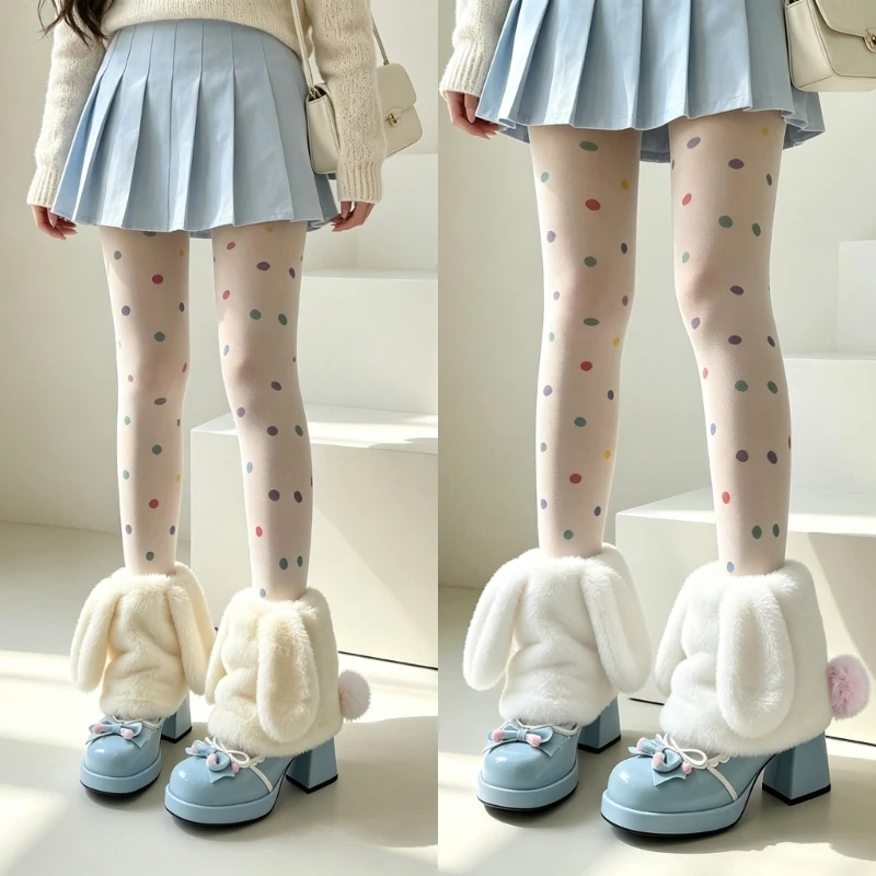Plush Rabbit Ears Leg Warmers for Women with Dense Lining, Elastic Openings, Floppy Ears and Plush Tails for Cold-Weather Outfit