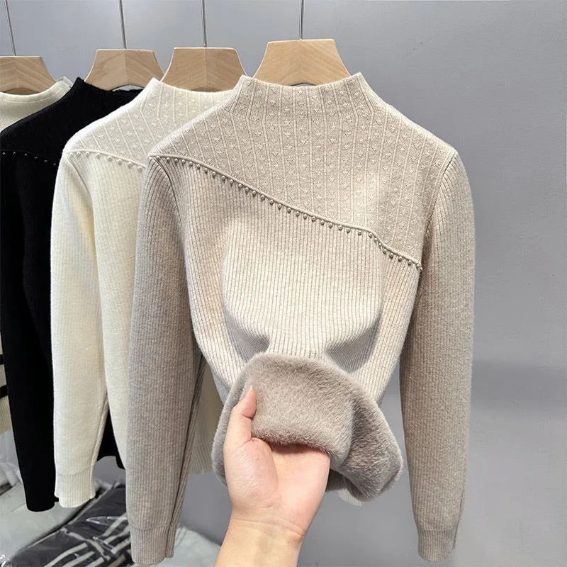 الخريف الشتاء الصوف سترة سميكة المرأة البلوز الدافئة المتكاملة الصوف شبه الياقة المدورة بلون محبوك قاع قميص