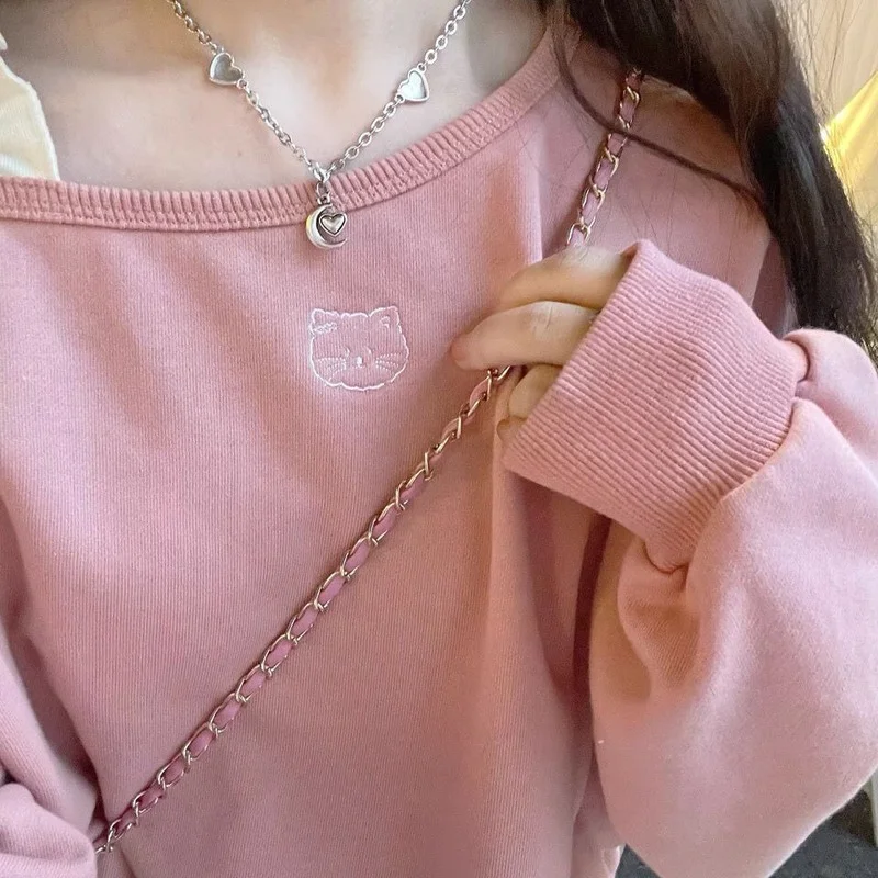 KOSAHIKI Sweet Pink Cropped Hoodies Y2k Clothes Women Cat Embroidery Off Shoulder Loose Drawstring O-neck Sweatshirt Japan Style