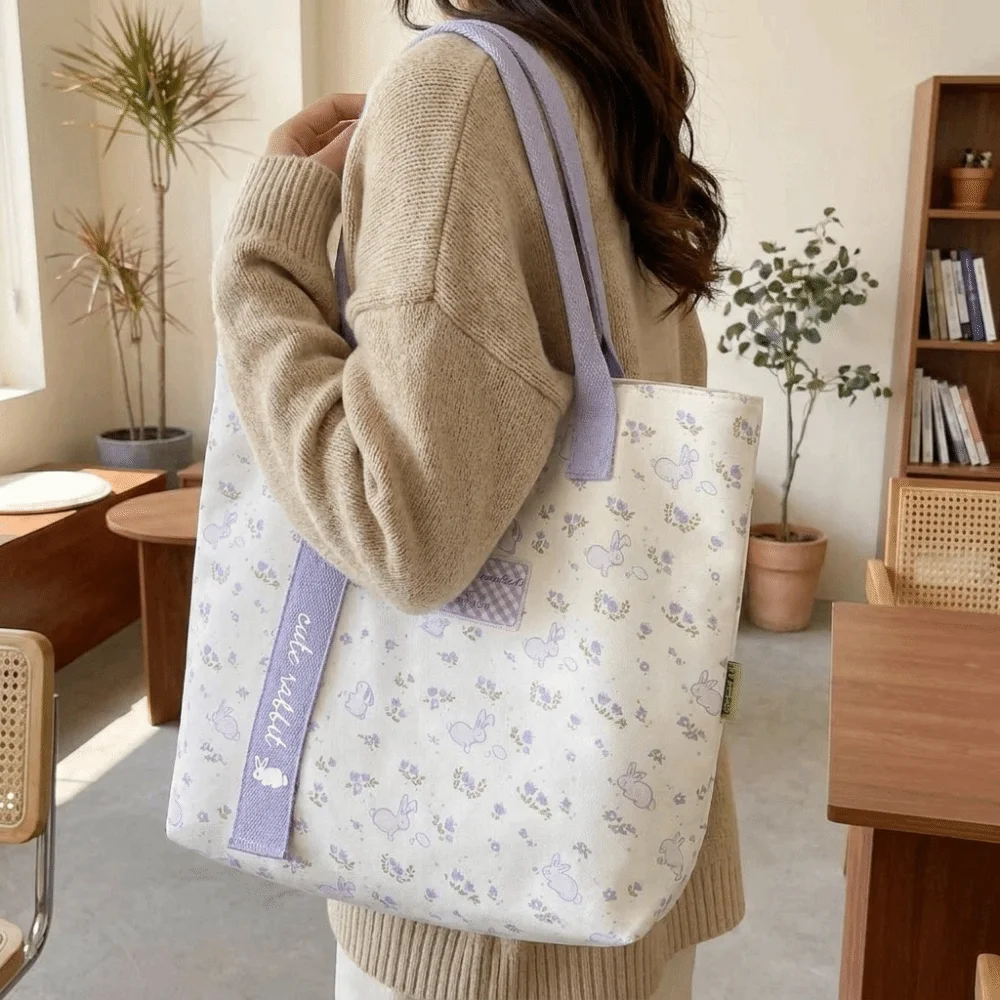 Durable Canva Tote Bag Cartoon Dog Print Zipper Closure Shoulder Bag Shoulder Strap Cute Style Daily Carry Bag Beach Trip