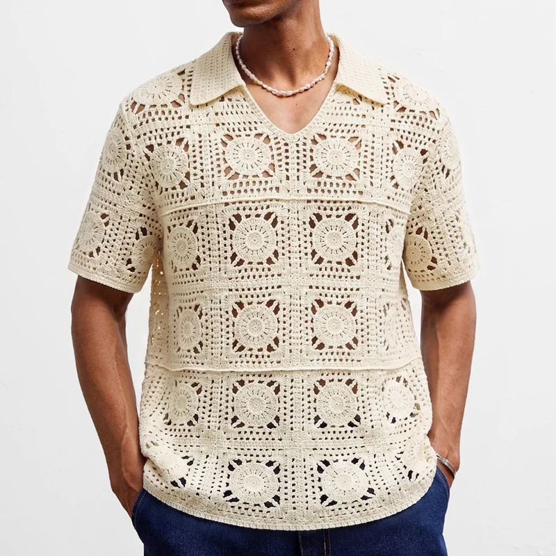 2026 Men's Vintage Knit Polo Shirts Summer Crochet Hollow Out Shirts Ethnic Style Cardigans Male Short Sleeve Tops SY0234