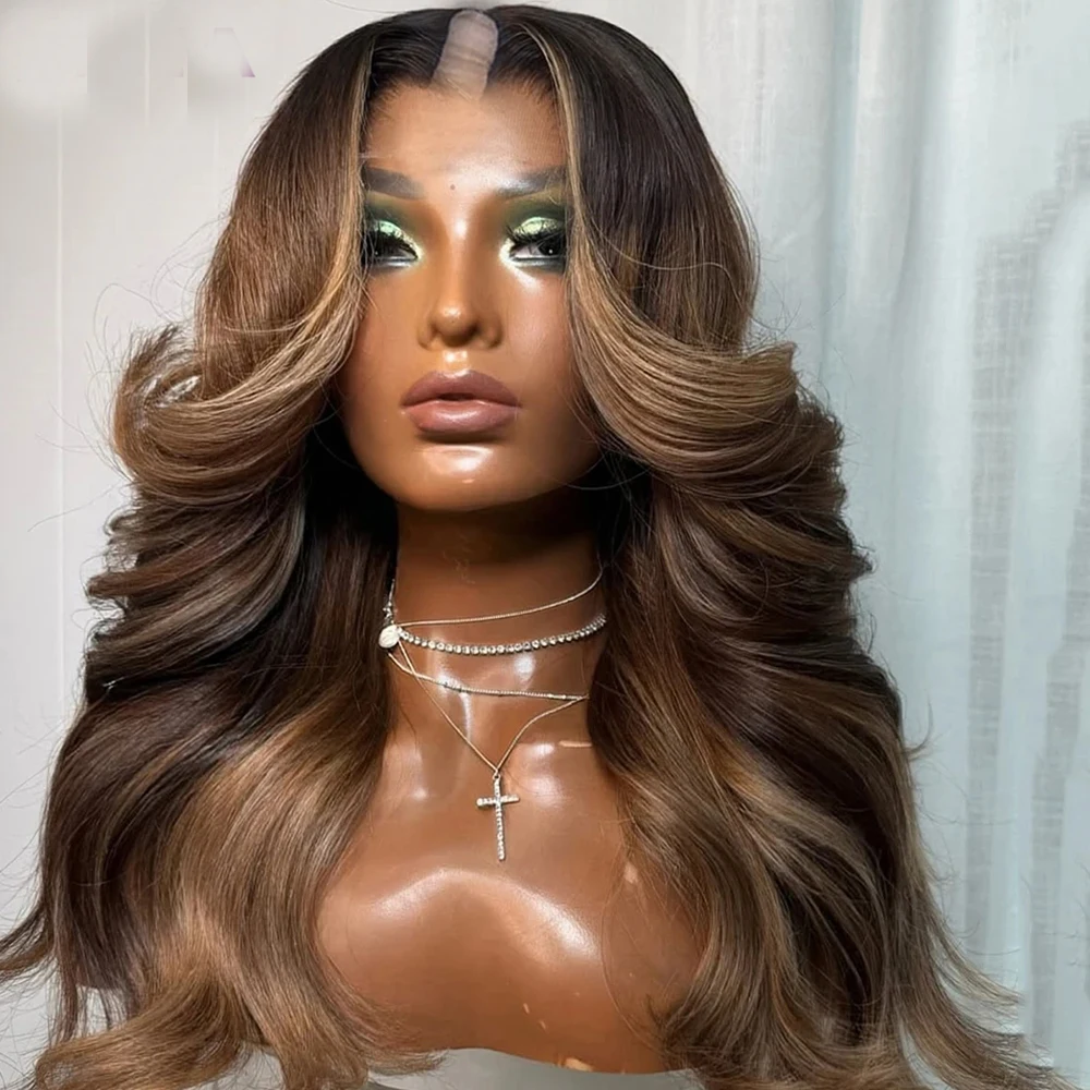 Natural Wavy Long Highlight Chestnut Blonde Brown U Part Wig for Black Women Glueless Easy Install V Part Remy Human Hair Wigs