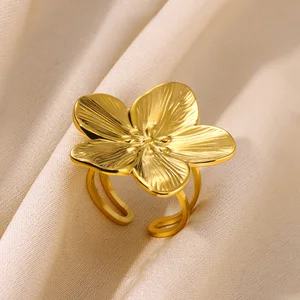 Elegante Edelstahl große Blumenringe für Frauen Gold Farbe Sol Star Offener Meeresring -Schmuck Hochzeit Ihr Punk 12 Hauptverkäufe Frauenhering - №3
