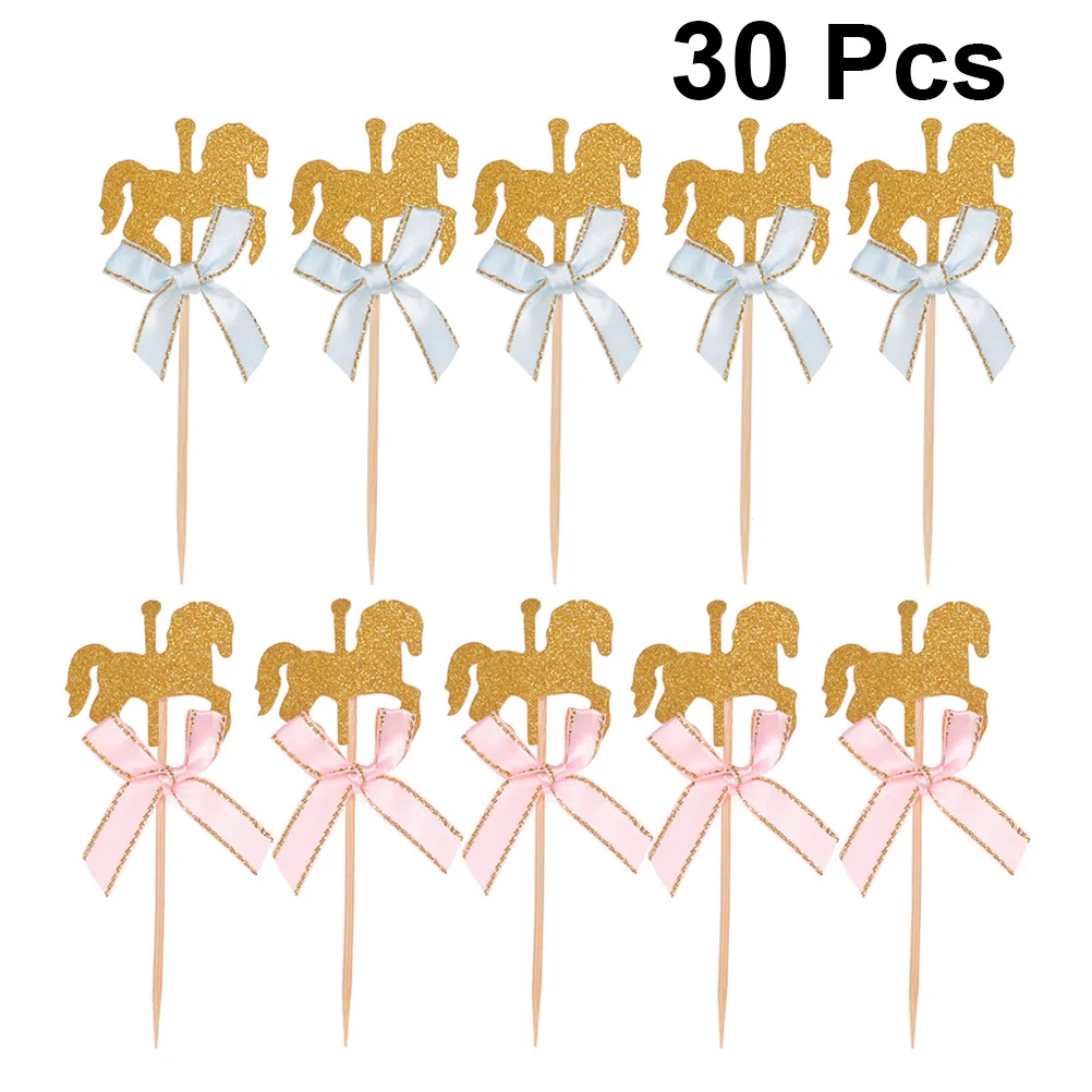 

30Pcs Blue Bowknot Carousel Cake Picks Creative Birthday Cake Decoration Cupcake Dessert Party Toppers Birthday Cupcake Picks