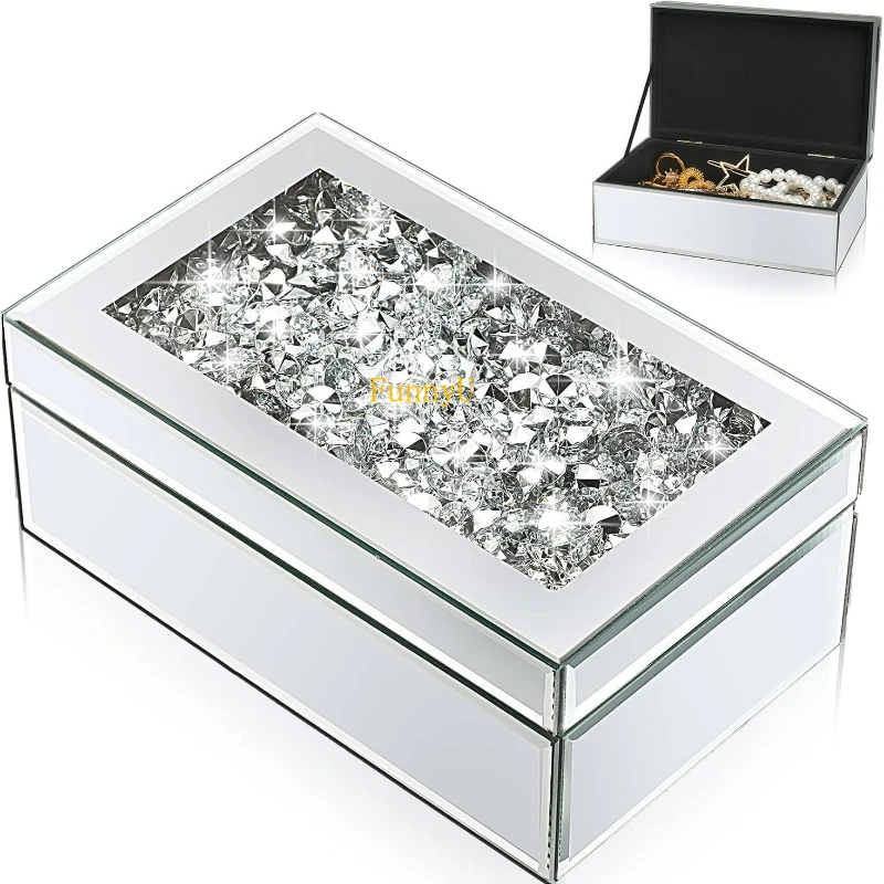 

Mirror Glass Jewelry Box with Crushed Diamond Decoration Large Trinket Organizer Rings Earrings Necklace Bracelet Storage Box