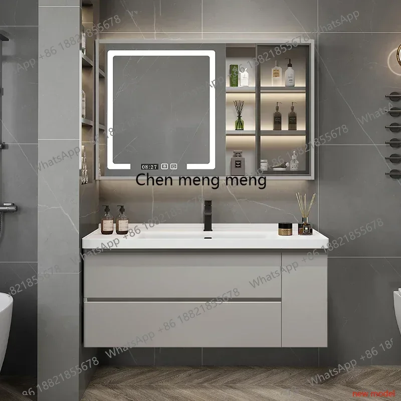 Simple Modern Bathroom Solid Wood Bathroom Cabinet Ceramic Integrated Narrow Side Cabinet Combination Gabinete Furniture